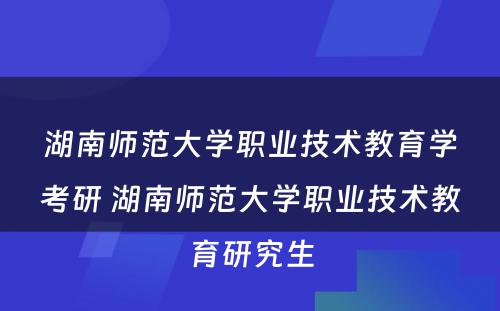 湖南师范大学职业技术教育学考研 湖南师范大学职业技术教育研究生