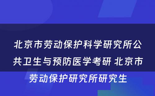 北京市劳动保护科学研究所公共卫生与预防医学考研 北京市劳动保护研究所研究生